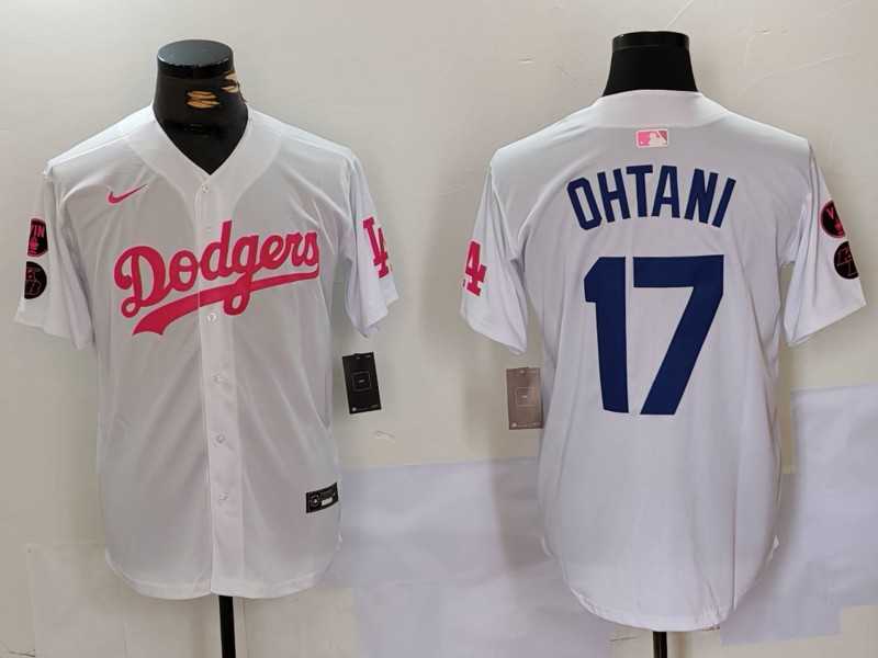 Men%27s Los Angeles Dodgers #17 Shohei Ohtani White Pink Vin & Kobe Patch Stitched Baseball Jersey->los angeles dodgers->MLB Jersey
